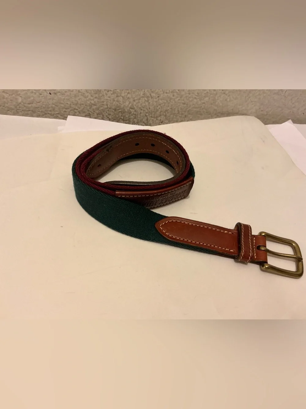 Tommy Hilfiger Green and Burgundy Canvas Belt with Brown Leather Trim sz 38